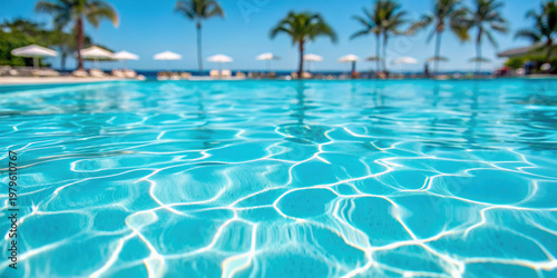 Wallpaper Mural Crystal clear swimming pool water reflects sunlight with palm trees and umbrellas in background creating relaxing tropical atmosphere Torontodigital.ca