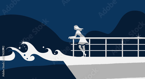 Illustration of a woman on a cruise ship enjoying the ocean view at nighttime serenity
