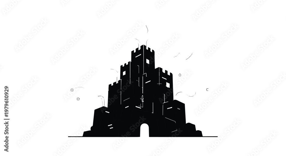 Obraz premium Castle silhouette stands tall with fortified walls and towers against white sky.