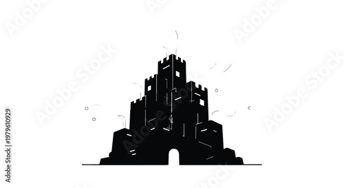 Castle silhouette stands tall with fortified walls and towers against white sky.