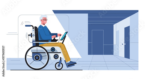Illustration of an elderly man using a futuristic electric wheelchair in a modern interior space