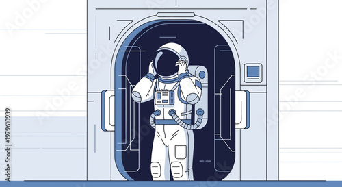 Illustration of an astronaut preparing inside a spaceship airlock chamber for spacewalk exploration