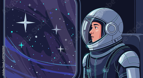 Illustration of an astronaut looking out of a spaceship window at distant stars and galaxies