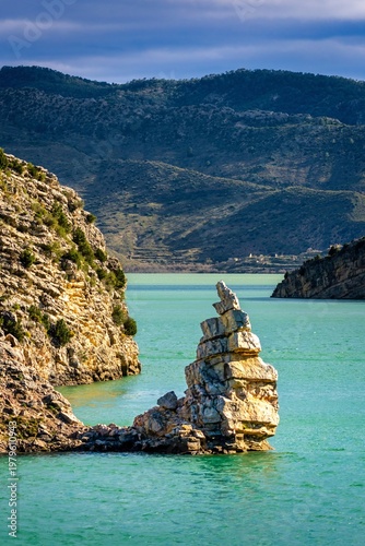 Vertical View of the Torreon Rock Formation in Cueva Foradada Reservoir Oliete Teruel Spain