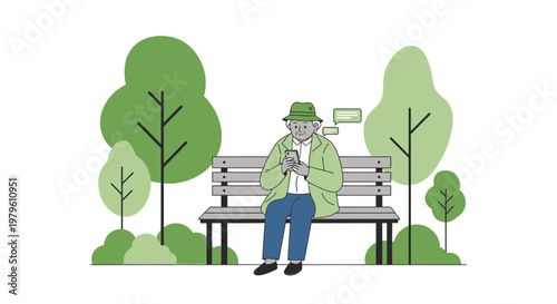 Illustration of an elderly man using a smartphone on a park bench amidst green trees showcasing