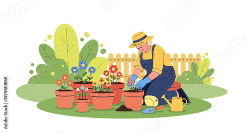 Illustration of an elderly woman gardening with potted flowers outdoors with a yellow watering can