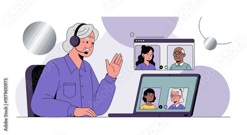 Illustration of an elderly woman video conferencing with family members on laptop