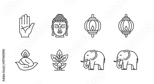 Collection of traditional Asian cultural symbols and icons in a clean line art style