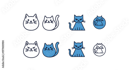 Collection of cute and stylized cat icons in various poses and expressions