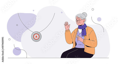 Illustration of an elderly woman with personal emergency response system pendant offering a wave