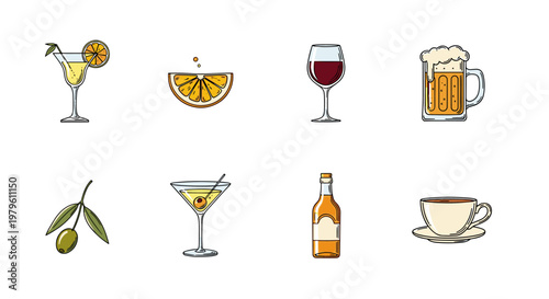 Collection of assorted beverages and ingredients in a clean, modern illustration style