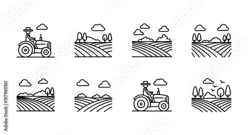 Collection of line art icons depicting farming scenes with tractors and cultivated fields