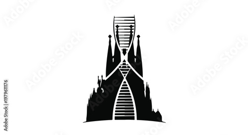 Cathedral silhouette features a double helix structure representing genetic science.
