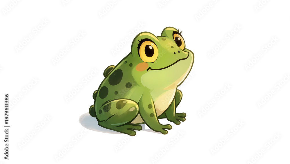 Obraz premium Green cartoon frog with big eyes and spots sitting down
