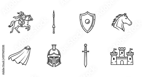 Collection of medieval knight and castle icons with horse and armor elements