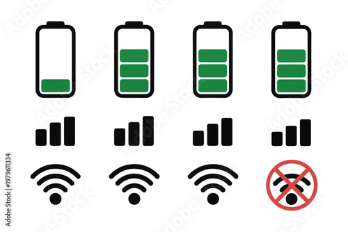 Wireless network signal strength and battery level icons for mobile devices on transparent background.