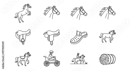 Collection of equestrian icons featuring horses, saddles, and farm elements