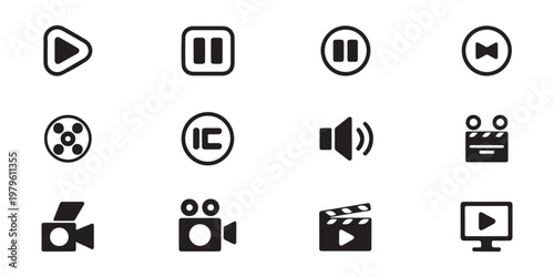 Collection of twelve vector icons for media playback, recording, and audio control.