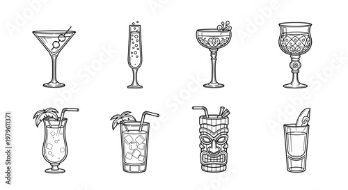 Collection of eight hand-drawn cocktail glasses and drinks in a simple line art style