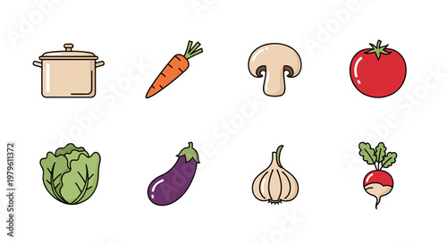 Collection of fresh vegetables and cooking pot in a simple flat illustration style