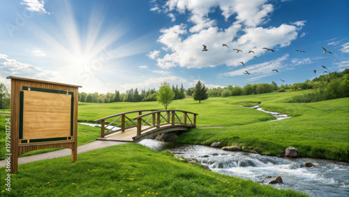 Wallpaper Mural Wooden bridge over flowing stream in green park with sunny sky and birds flying, peaceful nature scene with fresh grass and trees Torontodigital.ca