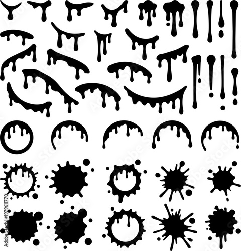 Set of Black Grunge Ink Drips and Paint Splatter Vector Illustrations for Graffiti, Street Art, and Horror Design Elements for illustrator and Procreate Text and Words Typography projects