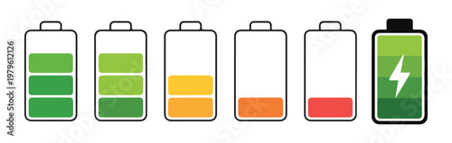 Horizontal battery energy bar indicators collection with segmented levels and charging lightning bolt symbol.