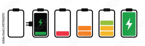 Battery charging status icons set showing different energy levels from low red to full green power indicator.