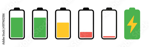 Mobile battery capacity icons displaying various life stages from empty alert to fully charged green status.