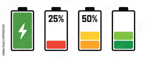 Battery charge level indicator set isolated on white background power status for mobile devices.