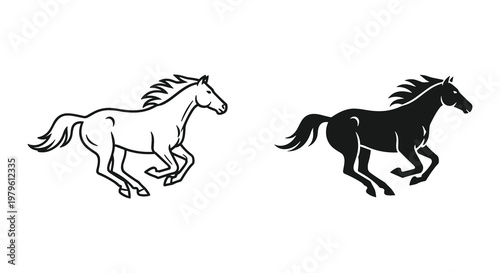 Black and white running horse silhouette illustrations isolated on white background