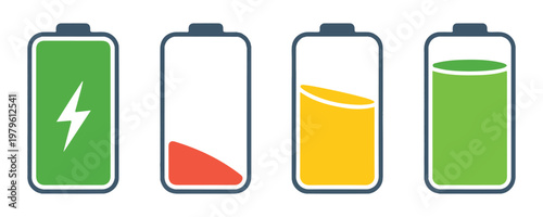 Set of battery charge level indicators with different power statuses on white background for devices.
