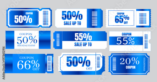 Discount labels, sale stickers, promotional tags, blue and white coupons