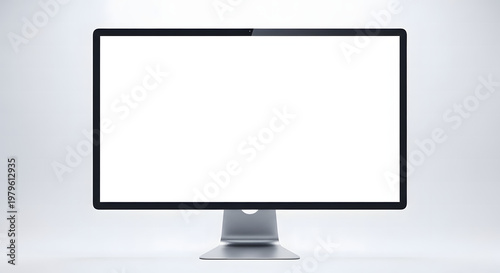 Modern desktop computer monitor featuring a large blank white screen for professional graphic design and high resolution digital display mockups