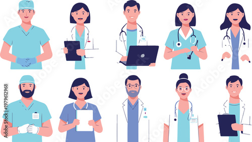 Minimalist vector set of medical staff characters arranged in rows wearing scrubs and coats holding clipboard and laptop