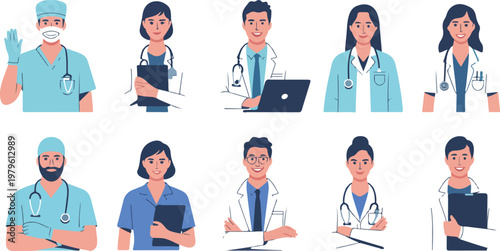 Minimalist vector set of medical staff characters arranged in rows wearing scrubs and coats holding clipboard and laptop