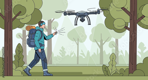 Hiker operating drone in tranquil forest setting amidst nature and open sky exploration