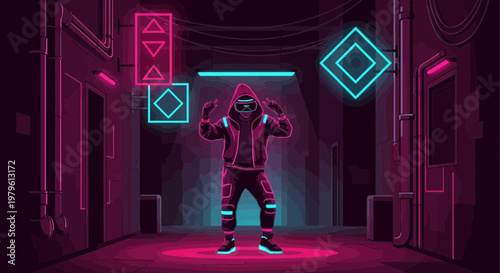 Hooded figure in a cyberpunk alleyway illuminated by neon lights and futuristic ambiance