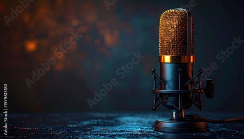 Vintage Gold Microphone on a Dark Textured Surface with Bokeh Lights.