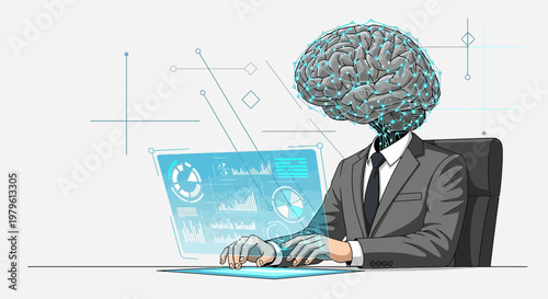 Humanoid interface with brain displaying charts, symbolizing advanced analytics and digital