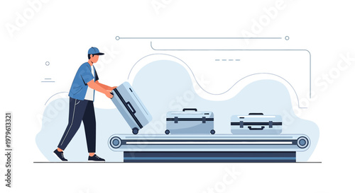 Illustrated airport baggage claim scene with a worker placing luggage on the conveyor belt