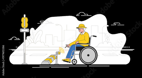 Illustrated elderly woman in wheelchair activating accessible pedestrian signal for safety crossing