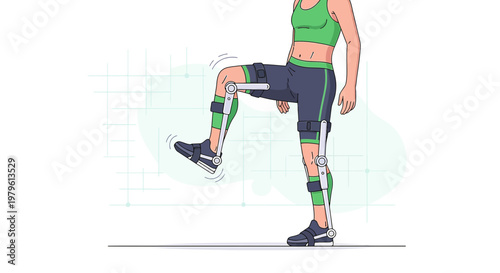 Illustrated woman utilizing a knee brace for rehabilitative exercises showcasing recovery assistance