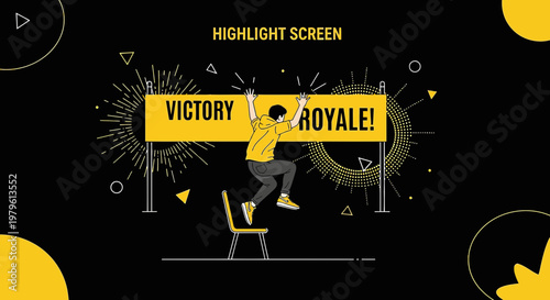 Illustrated victory scene with figure jumping on a chair celebrating a royal win