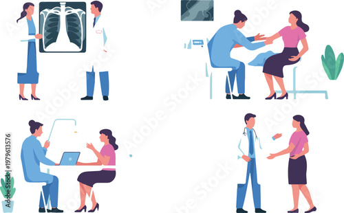 Clean flat design healthcare vector grid with X ray review patient consultation and medical office discussion scenes