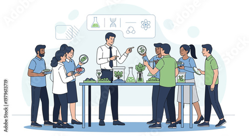 Illustration depicting collaborative research into sustainable agriculture and innovative food