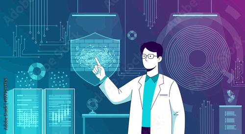 Illustration depicting cybersecurity expert analyzing data protection with technology interface
