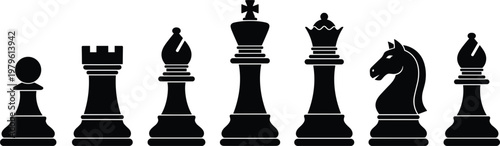 Chess pieces silhouette set including king queen rook bishop knight and pawn strategic board game vector illustration