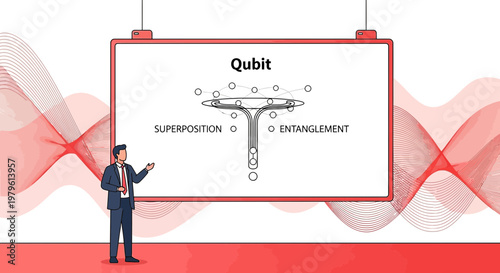 Illustration depicts quantum computing fundamentals with an instructor presentation