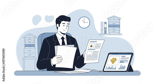 Illustration of a businessman managing a beekeeping enterprise with data analysis and paper work